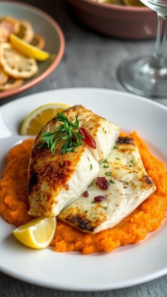 Pan-seared branzino on sweet potato mash with lemon and herbs on a white plate.